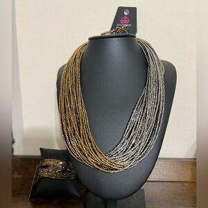 Paparazzi Jewelry Gold and Silver Seed Bead Necklace w/ Earrings n Bracelet Set